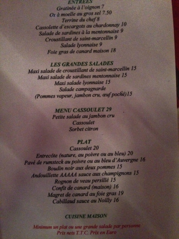 Il menu del Au Virage Lepic